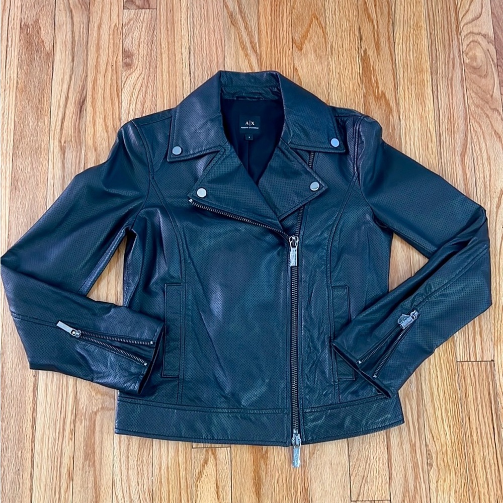 Armani exchange black 100% sheep Leather Jacket womens size small